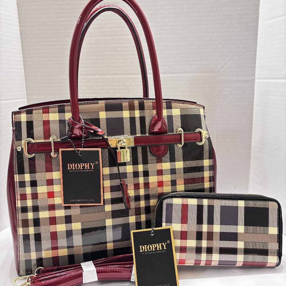 Diophy Stylebandi Plaid Patent Satchel Tote w/ Matching Wallet and Strap NWT